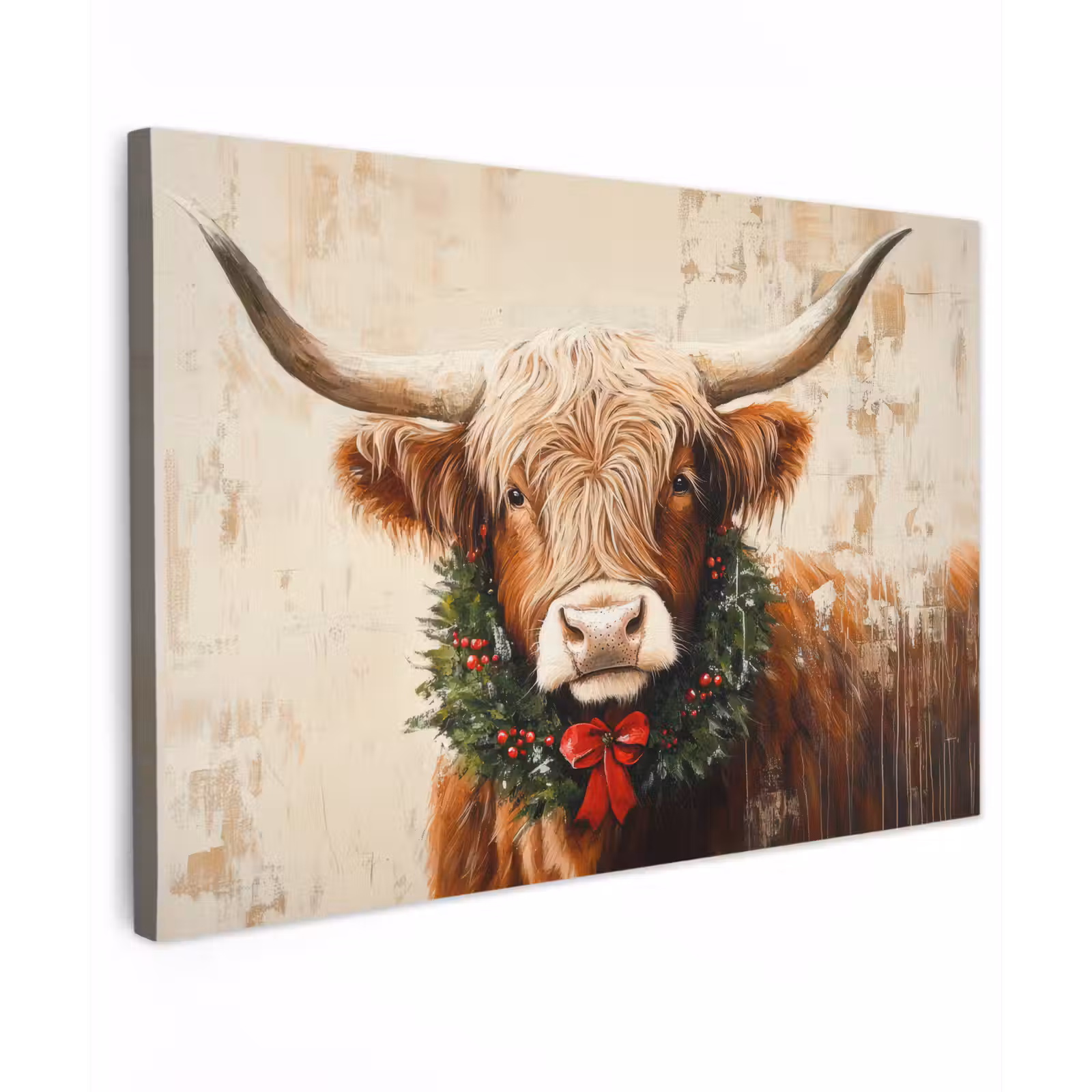 Canvas schilderij - Kerst - Schotse Hooglander - Bruin - Krans — 1
