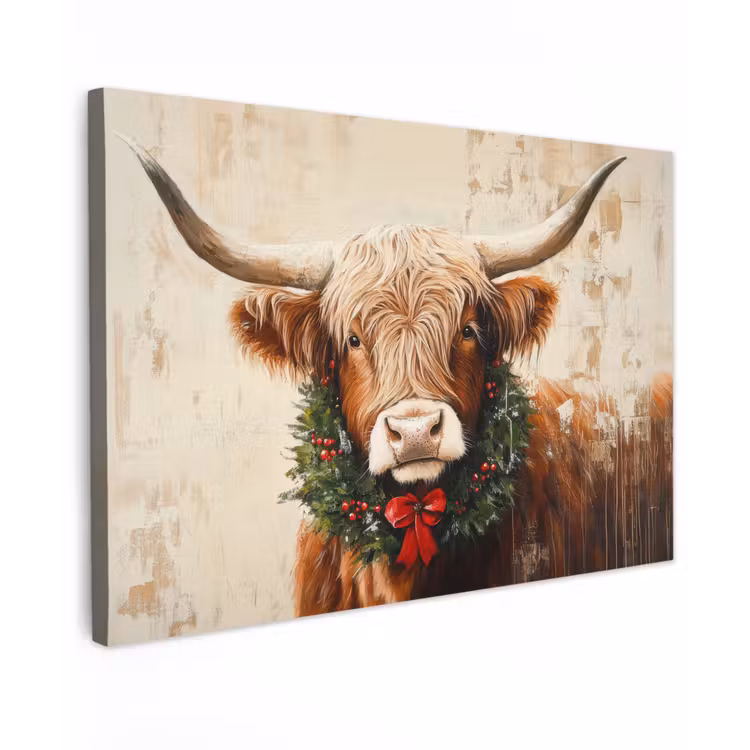 Canvas schilderij - Kerst - Schotse Hooglander - Bruin - Krans — 1