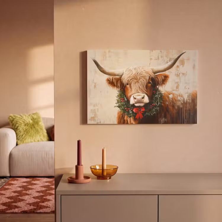 Canvas schilderij - Kerst - Schotse Hooglander - Bruin - Krans — 2