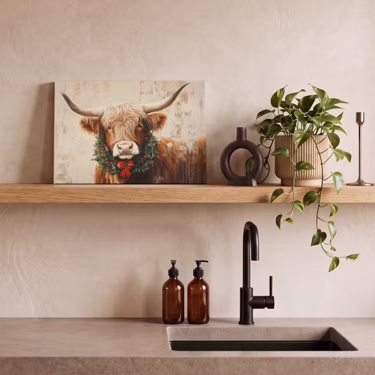 Canvas schilderij - Kerst - Schotse Hooglander - Bruin - Krans — 4