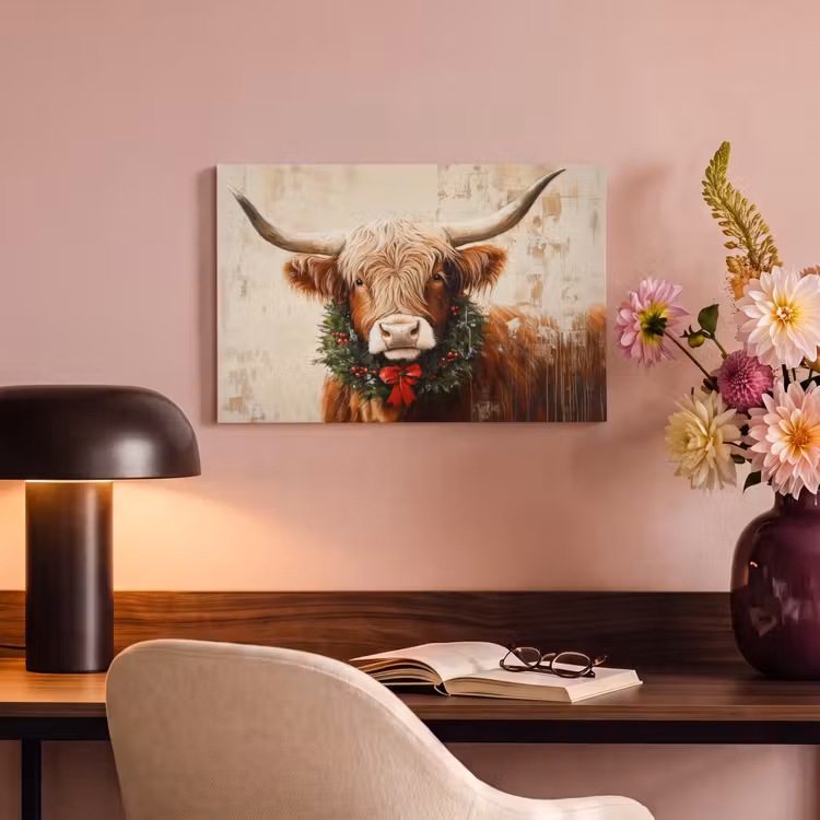 Canvas schilderij - Kerst - Schotse Hooglander - Bruin - Krans — 6