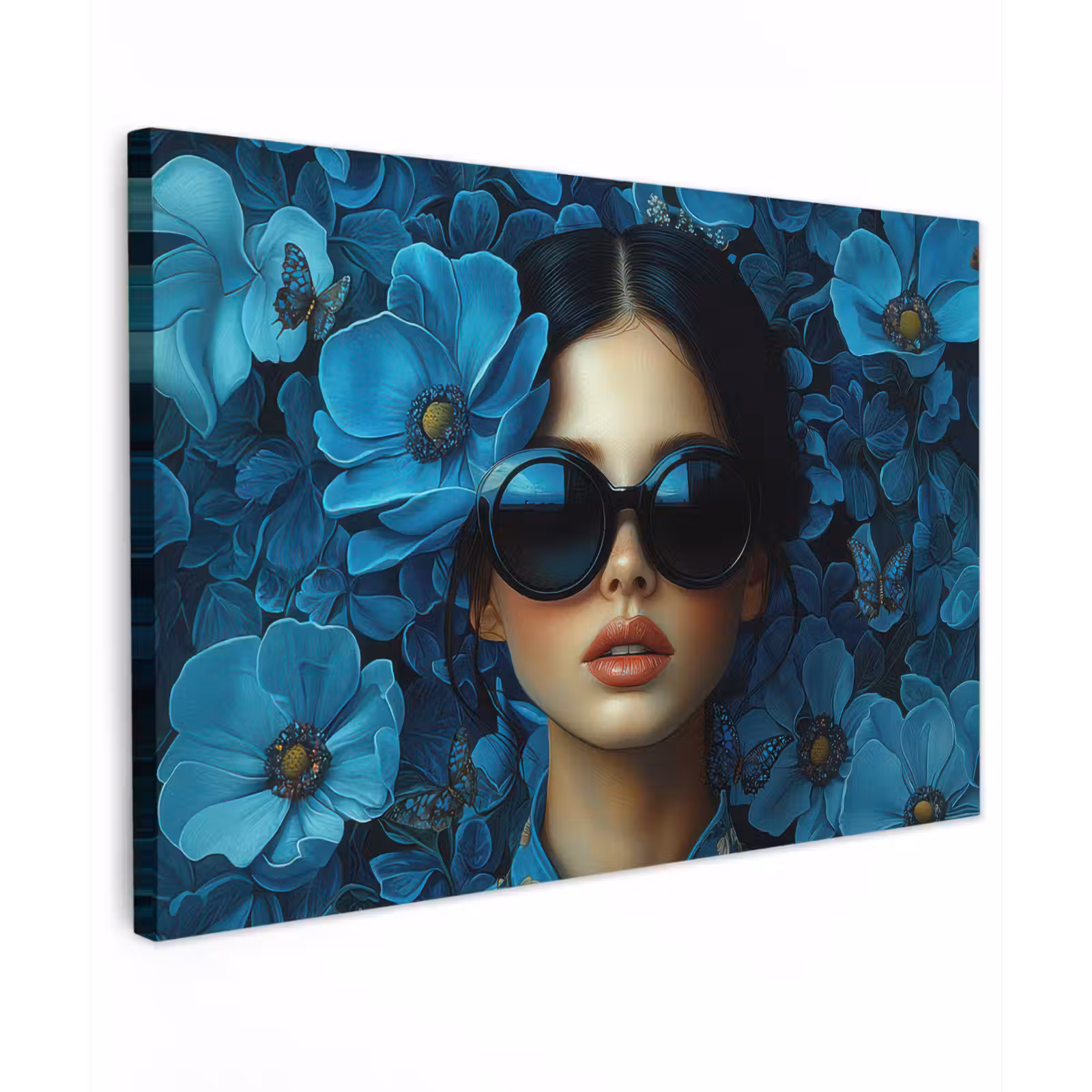 Canvas schilderij - Vrouw - Bloemen - Blauw - Aesthetic - Luxe — 1