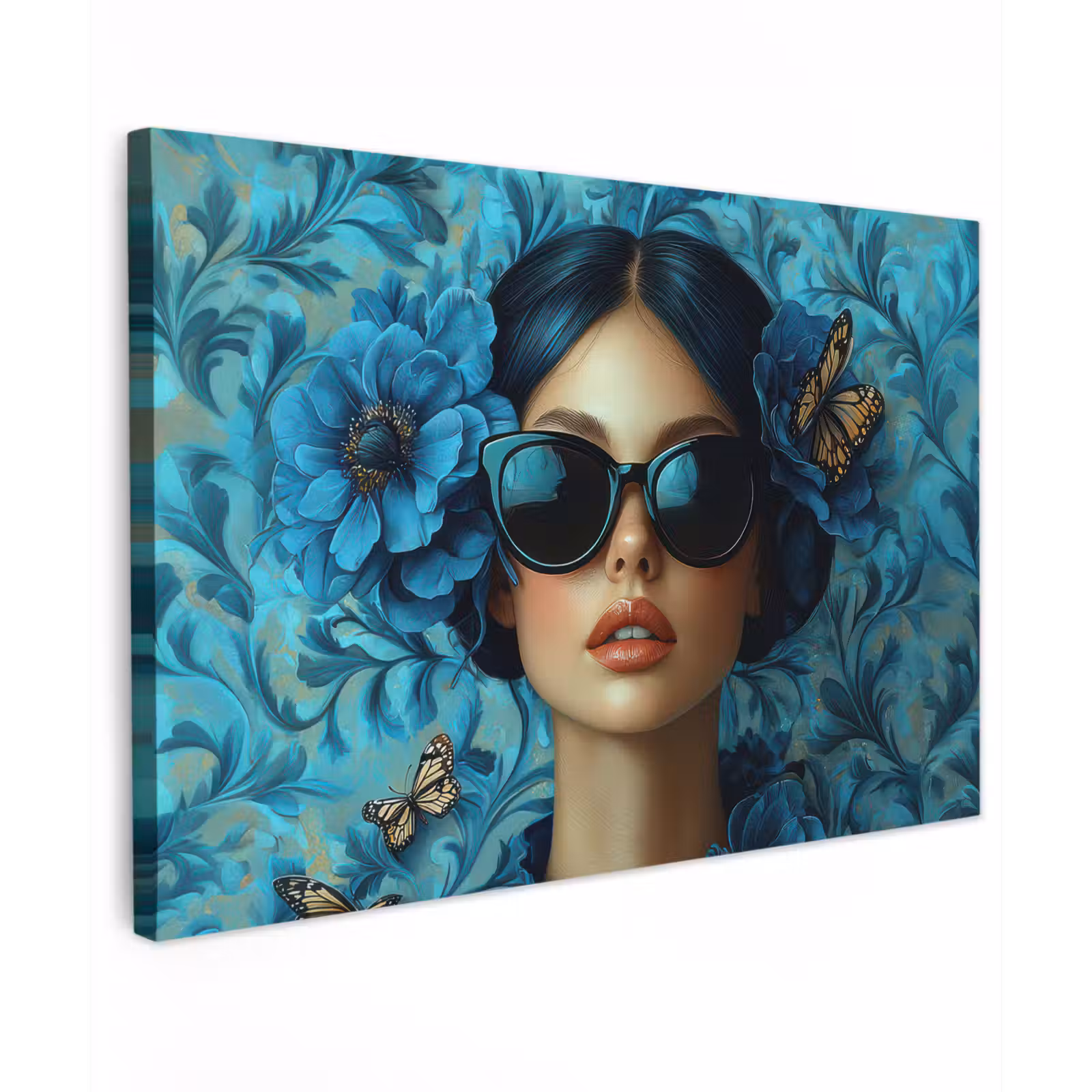 Canvas schilderij - Vrouw - Bloemen - Vlinders - Blauw - Abstract — 1