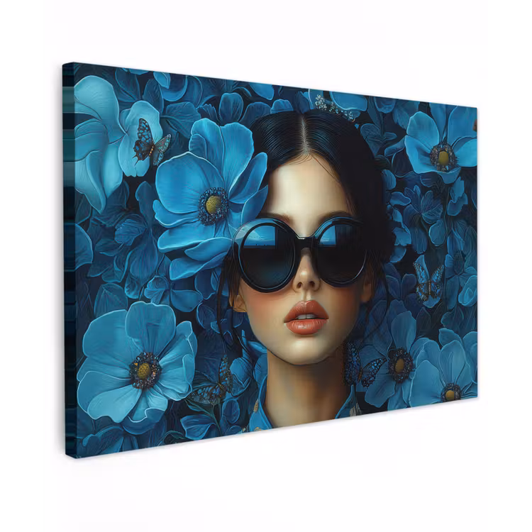 Canvas schilderij - Vrouw - Bloemen - Blauw - Aesthetic - Luxe — 1
