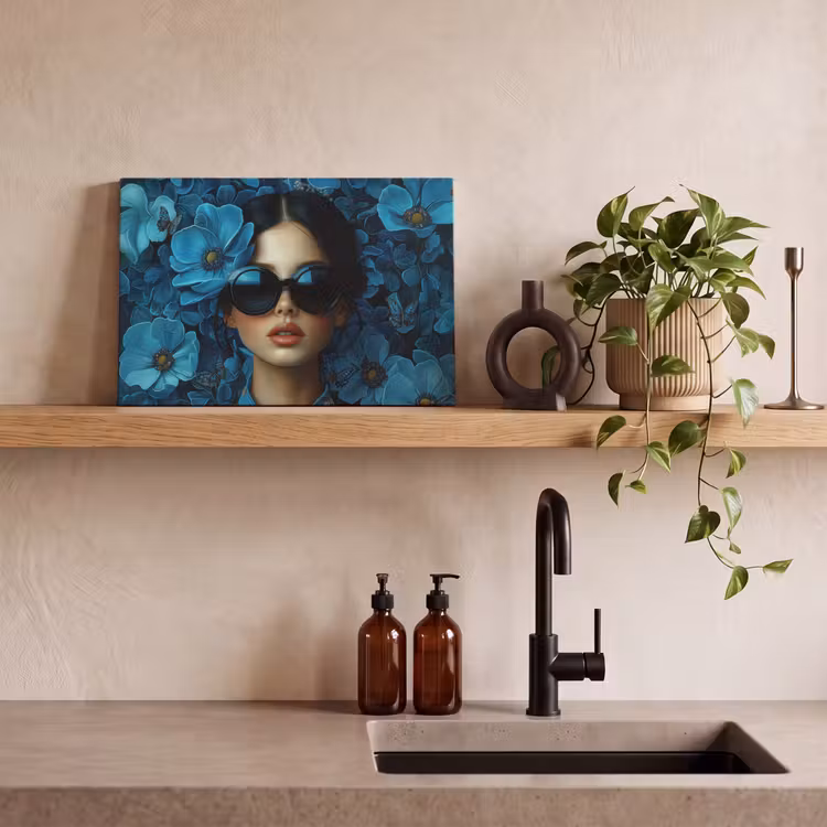 Canvas schilderij - Vrouw - Bloemen - Blauw - Aesthetic - Luxe — 4
