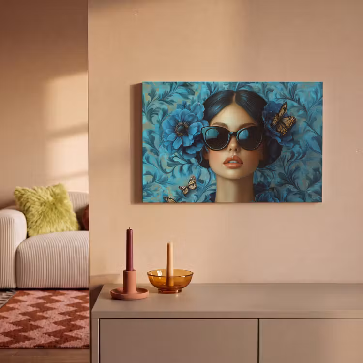 Canvas schilderij - Vrouw - Bloemen - Vlinders - Blauw - Abstract — 2