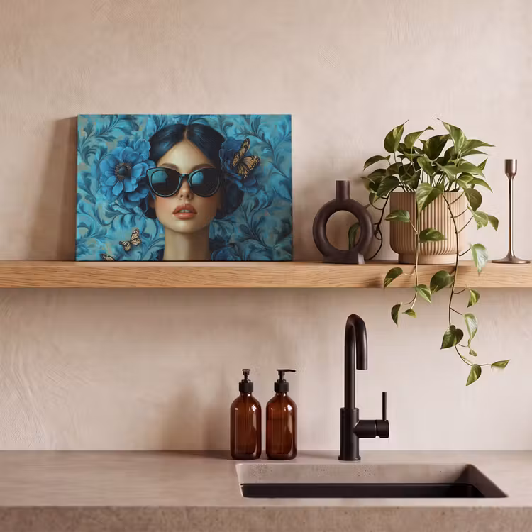 Canvas schilderij - Vrouw - Bloemen - Vlinders - Blauw - Abstract — 4