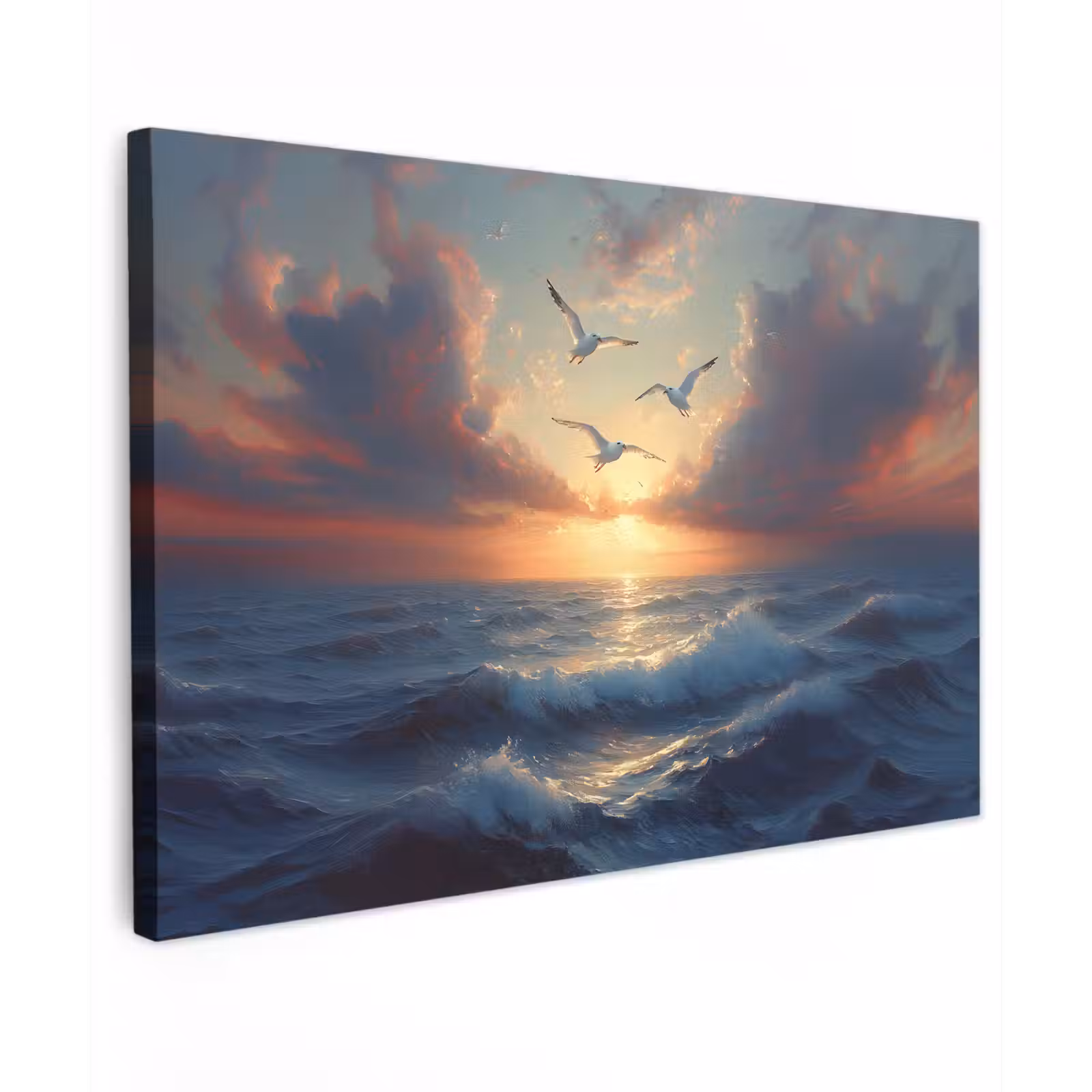 Canvas schilderij - Meeuwen - Zonsondergang - Zee - Wolken — 1