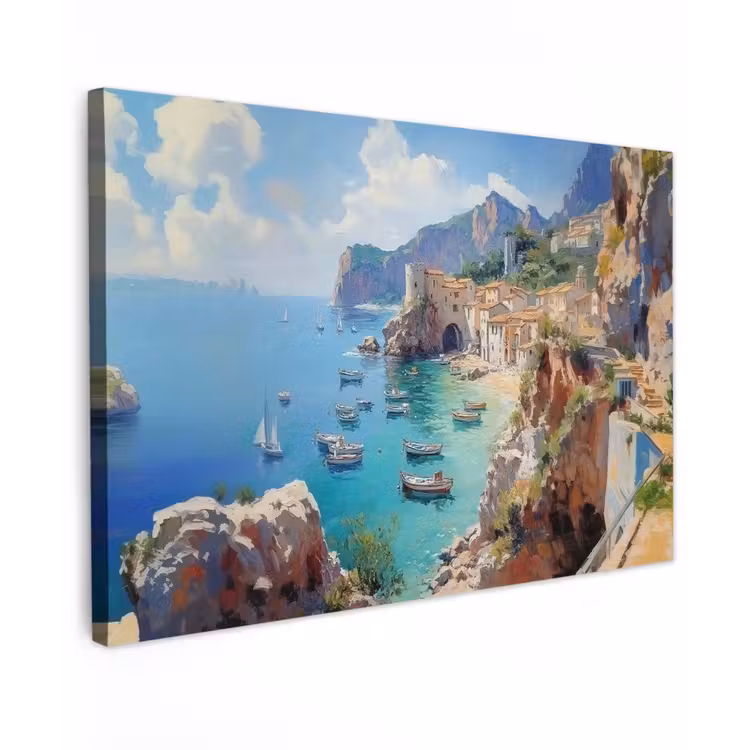 Canvas schilderij - Kustdorp - Schilderij - Rotsen - Boten — 1
