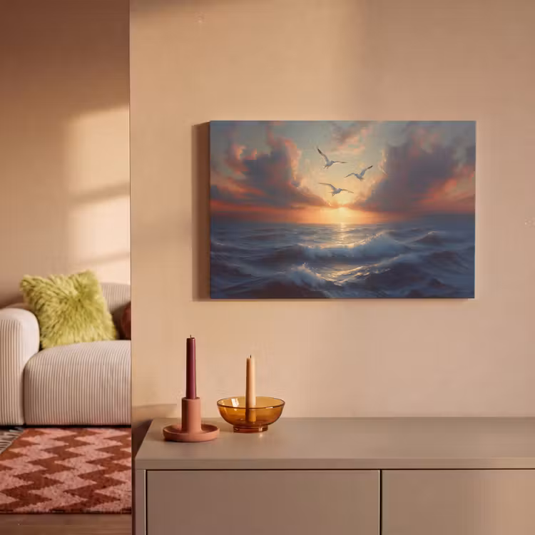 Canvas schilderij - Meeuwen - Zonsondergang - Zee - Wolken — 2
