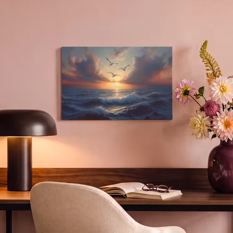 Canvas schilderij - Meeuwen - Zonsondergang - Zee - Wolken — 6