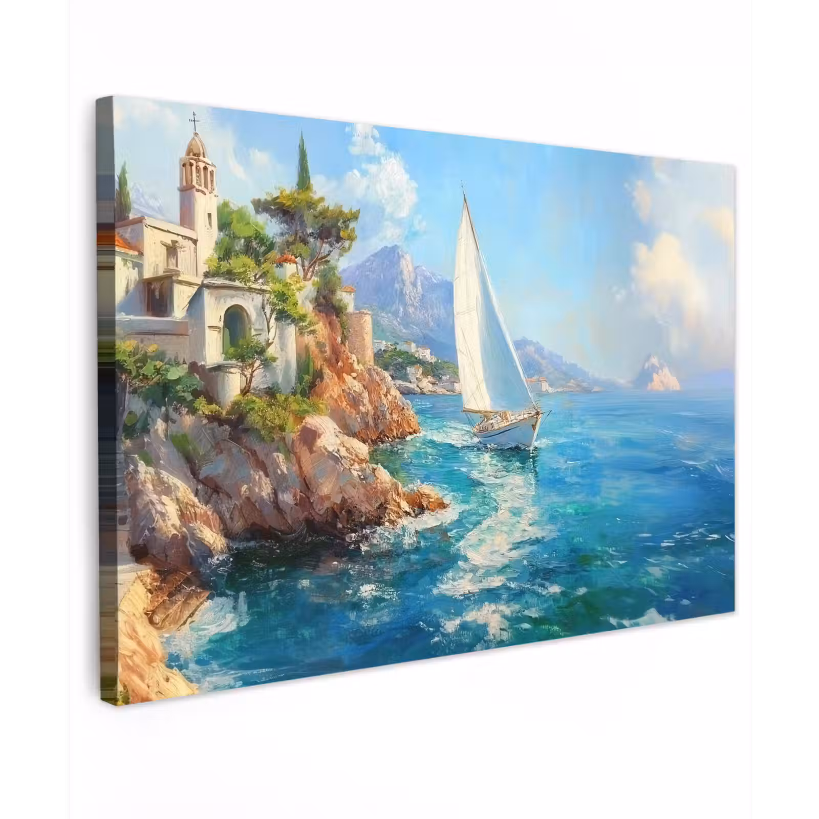 Canvas schilderij - Zeilboot - Rotsen - Kust - Huizen — 1