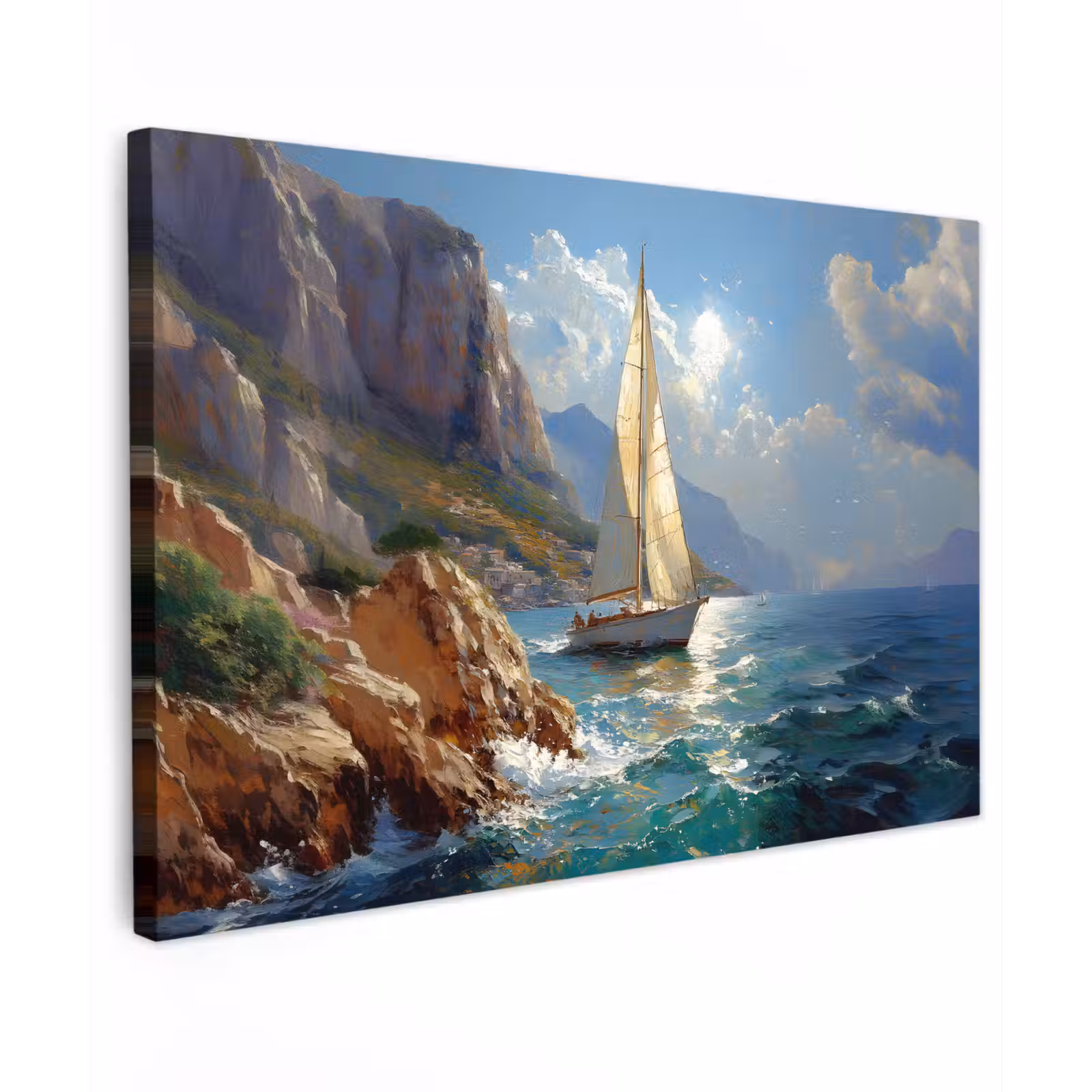 Canvas schilderij - Zeilschip - Zee - Rotsen - Wolken — 1