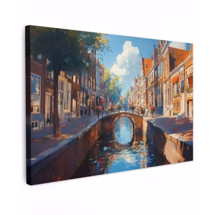 Canvas schilderij - Stad - Gracht - Zon - Fietsen — 1