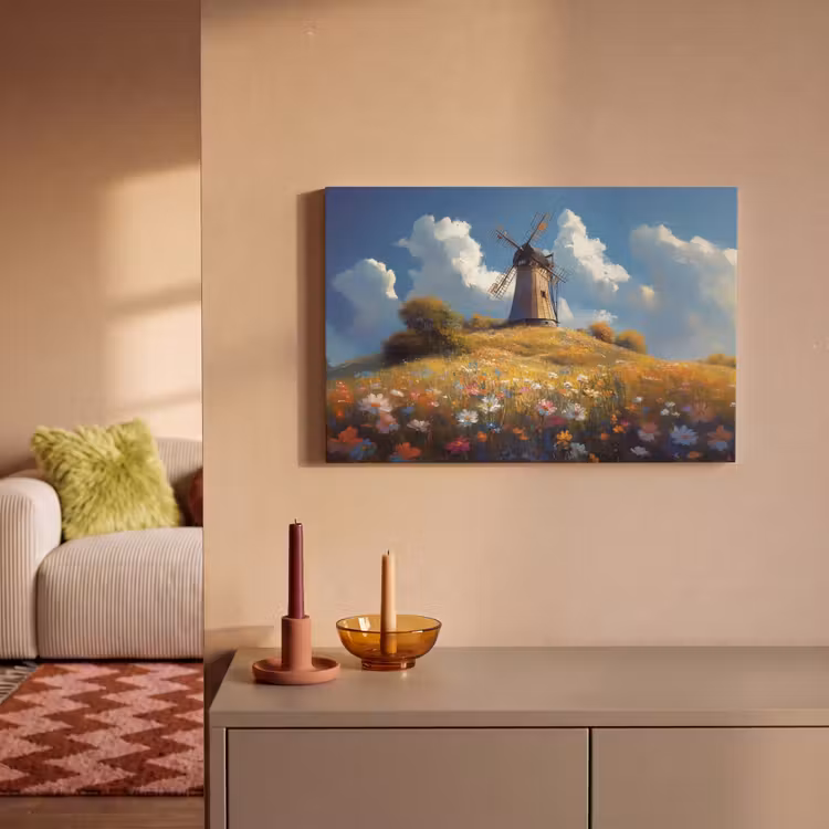 Canvas schilderij - Windmolen - Heuvel - Bloemen - Kleurrijk — 2