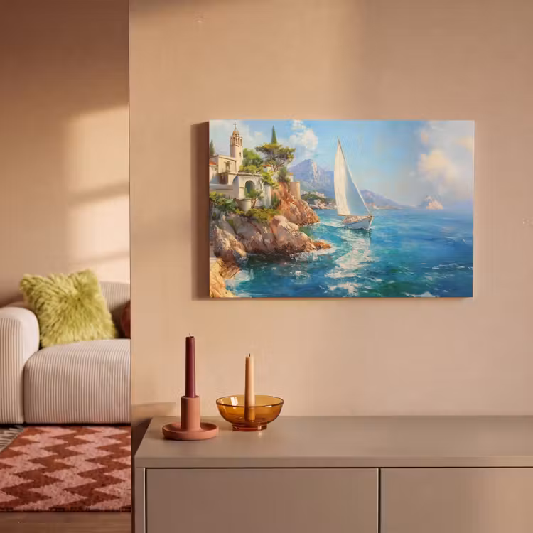 Canvas schilderij - Zeilboot - Rotsen - Kust - Huizen — 2