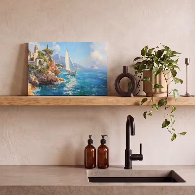 Canvas schilderij - Zeilboot - Rotsen - Kust - Huizen — 4