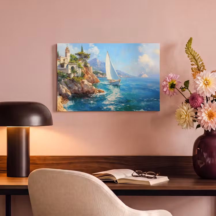 Canvas schilderij - Zeilboot - Rotsen - Kust - Huizen — 6