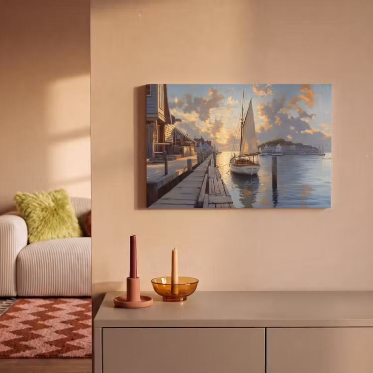 Canvas schilderij - Zeilboot - Zon - Pier - Hout — 2