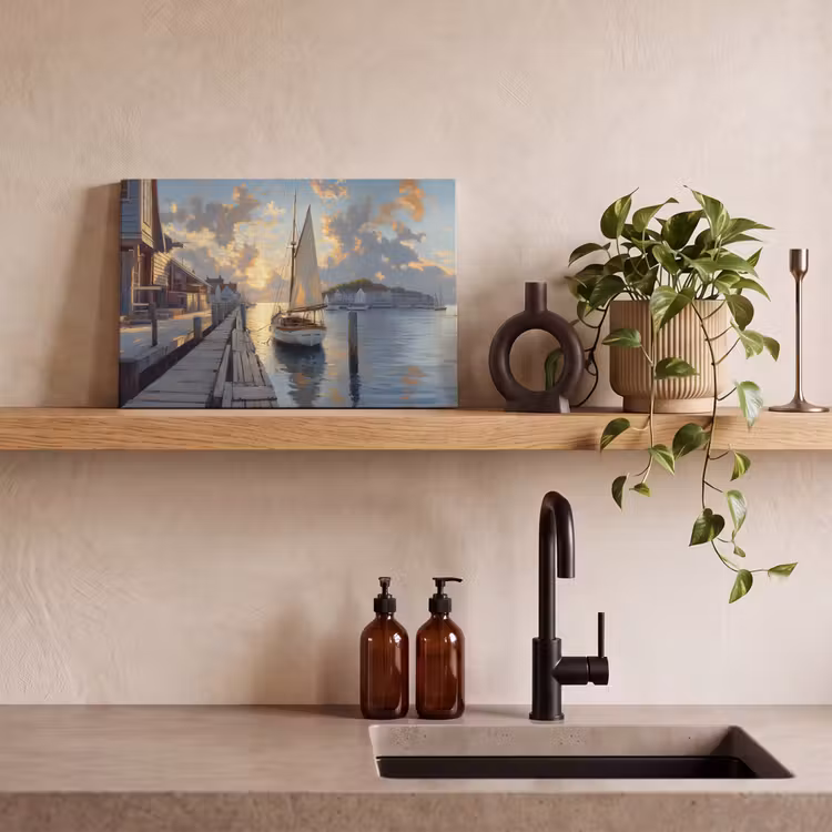 Canvas schilderij - Zeilboot - Zon - Pier - Hout — 4