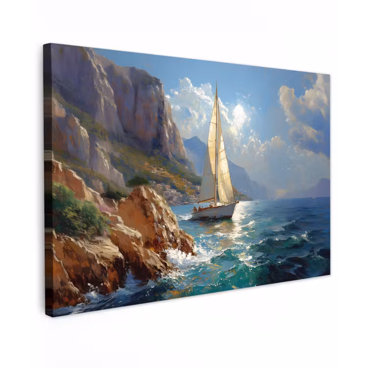 Canvas schilderij - Zeilschip - Zee - Rotsen - Wolken — 1