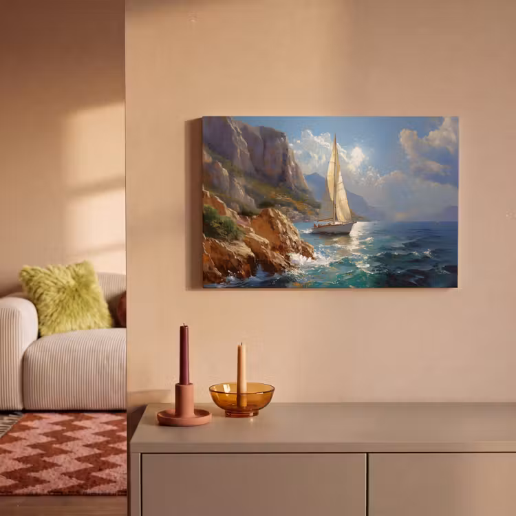 Canvas schilderij - Zeilschip - Zee - Rotsen - Wolken — 2