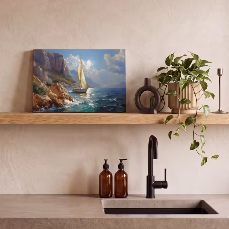 Canvas schilderij - Zeilschip - Zee - Rotsen - Wolken — 4