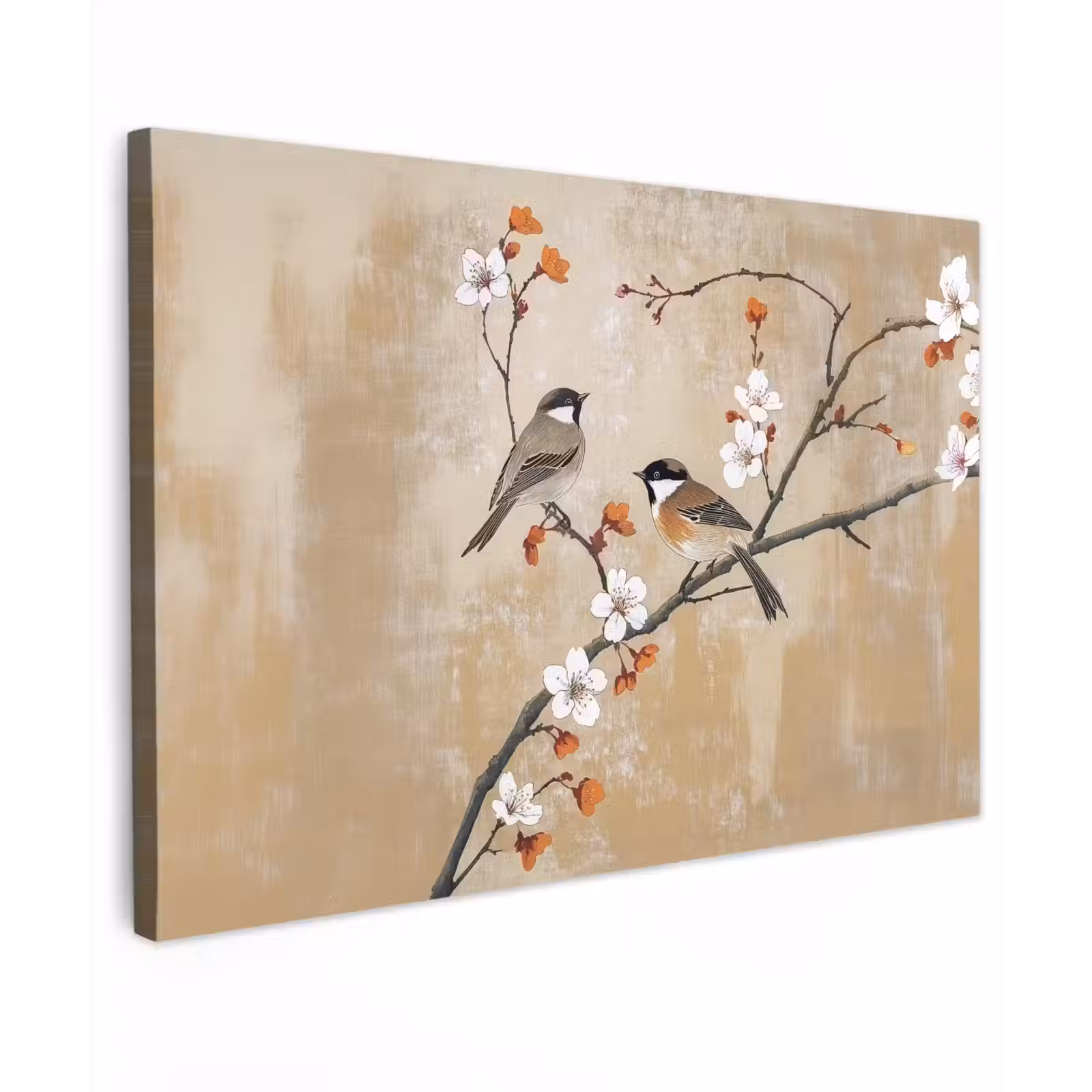 Canvas schilderij - Vogels - Bloesemtak - Bloemen - Oranje — 1