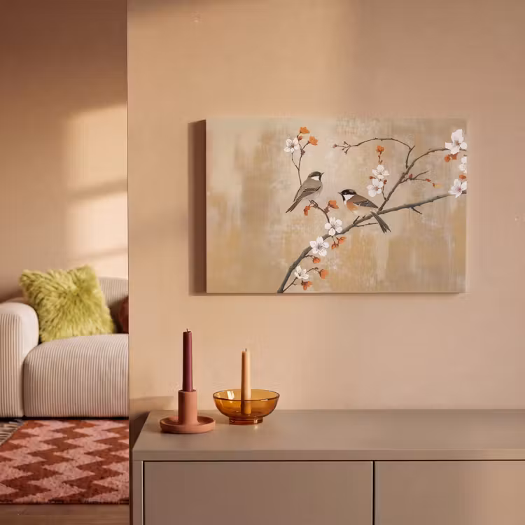 Canvas schilderij - Vogels - Bloesemtak - Bloemen - Oranje — 2