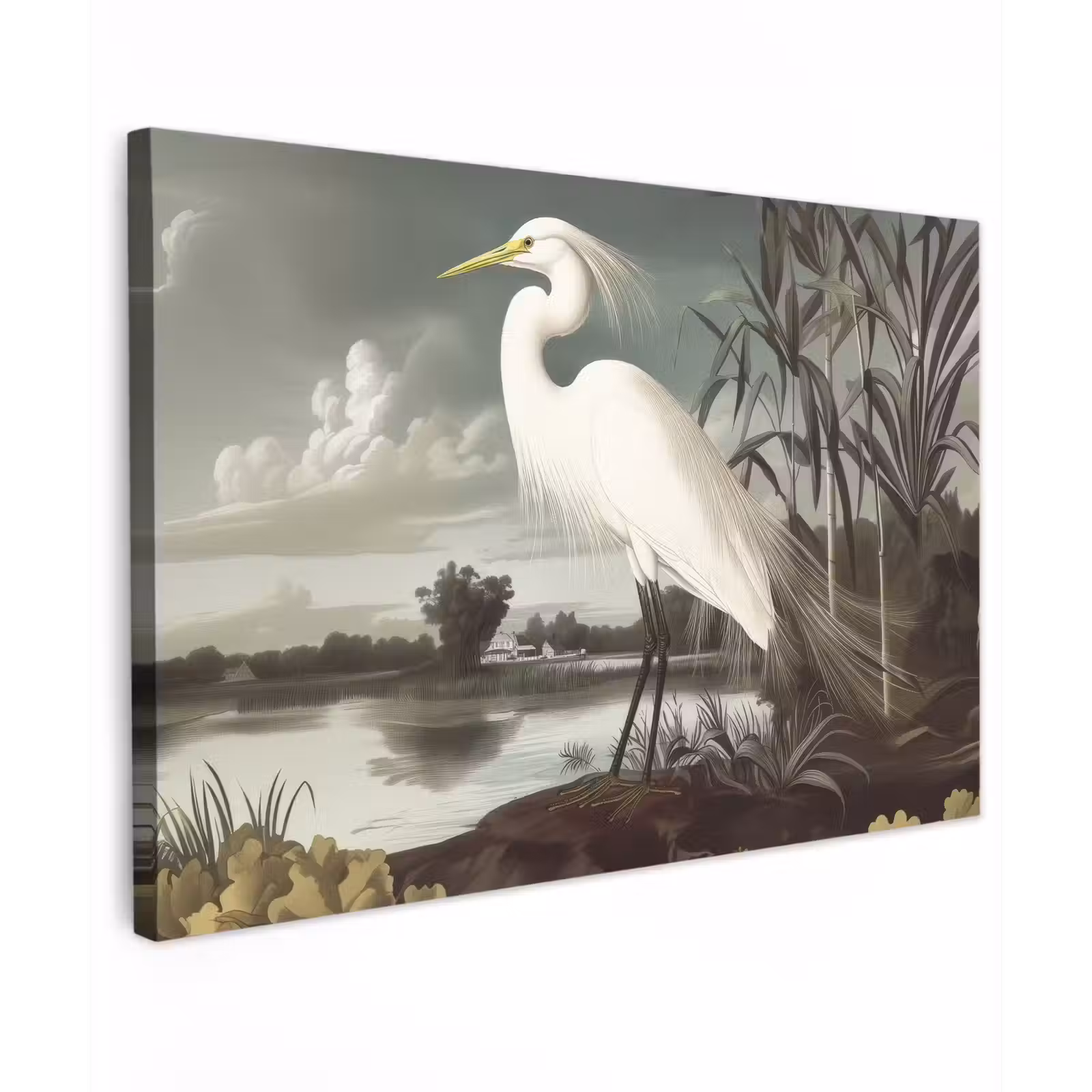 Canvas schilderij - Reiger - Planten - Wolken - Wit — 1