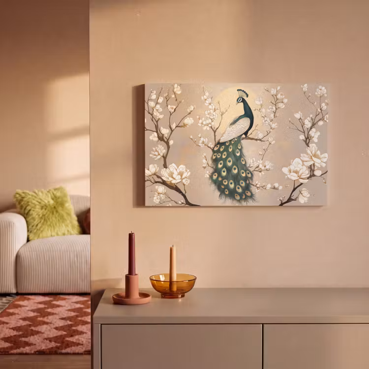 Canvas schilderij - Pauw - Tak - Bloemen — 2
