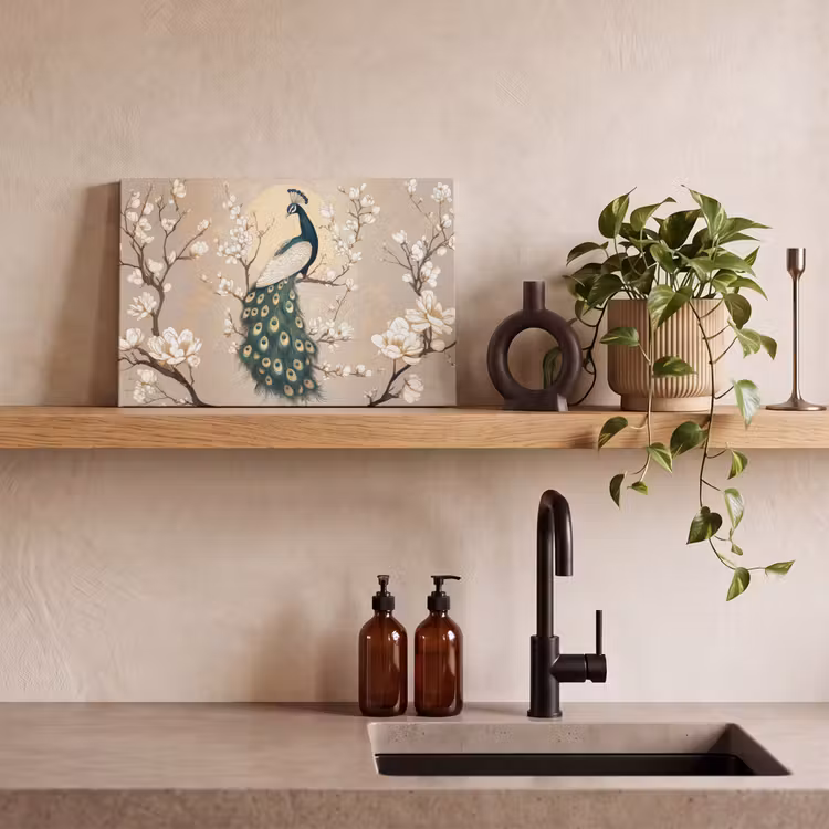 Canvas schilderij - Pauw - Tak - Bloemen — 4