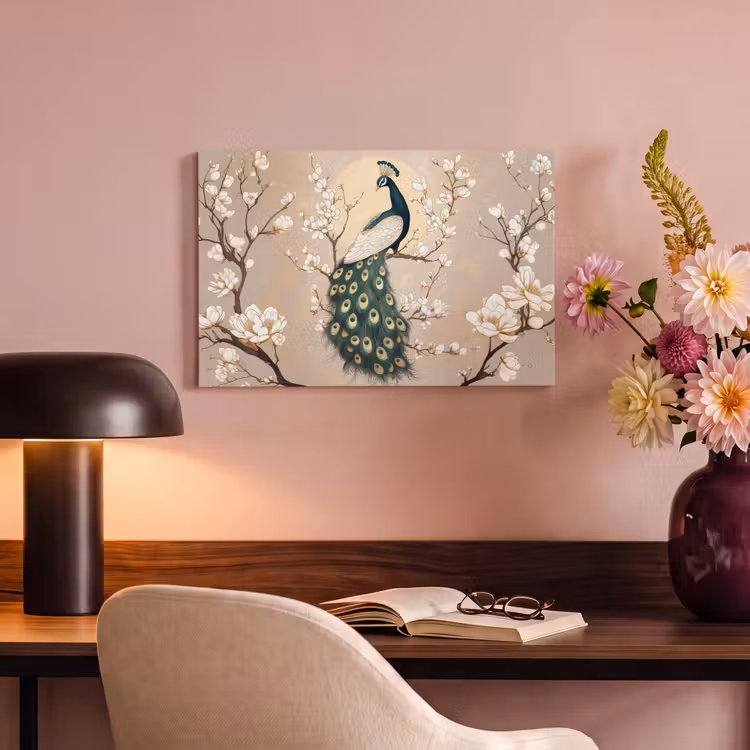 Canvas schilderij - Pauw - Tak - Bloemen — 6