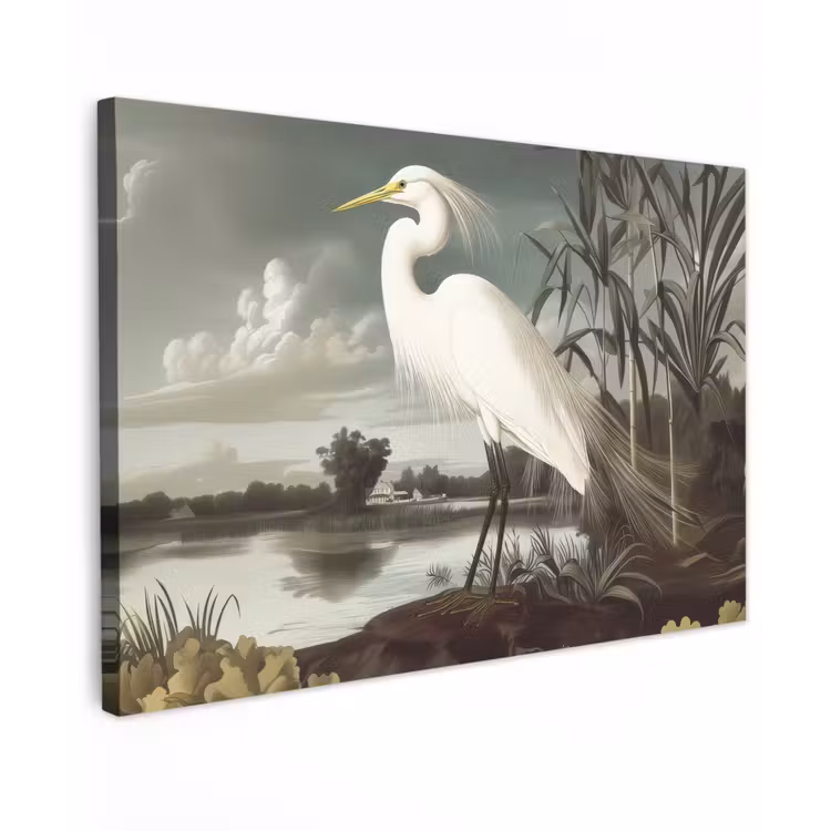 Canvas schilderij - Reiger - Planten - Wolken - Wit — 1