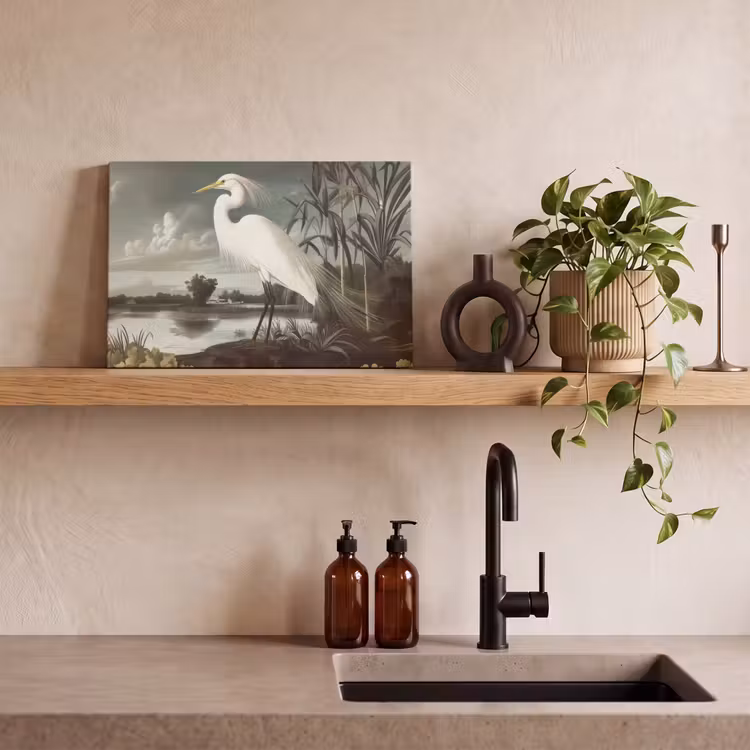 Canvas schilderij - Reiger - Planten - Wolken - Wit — 4