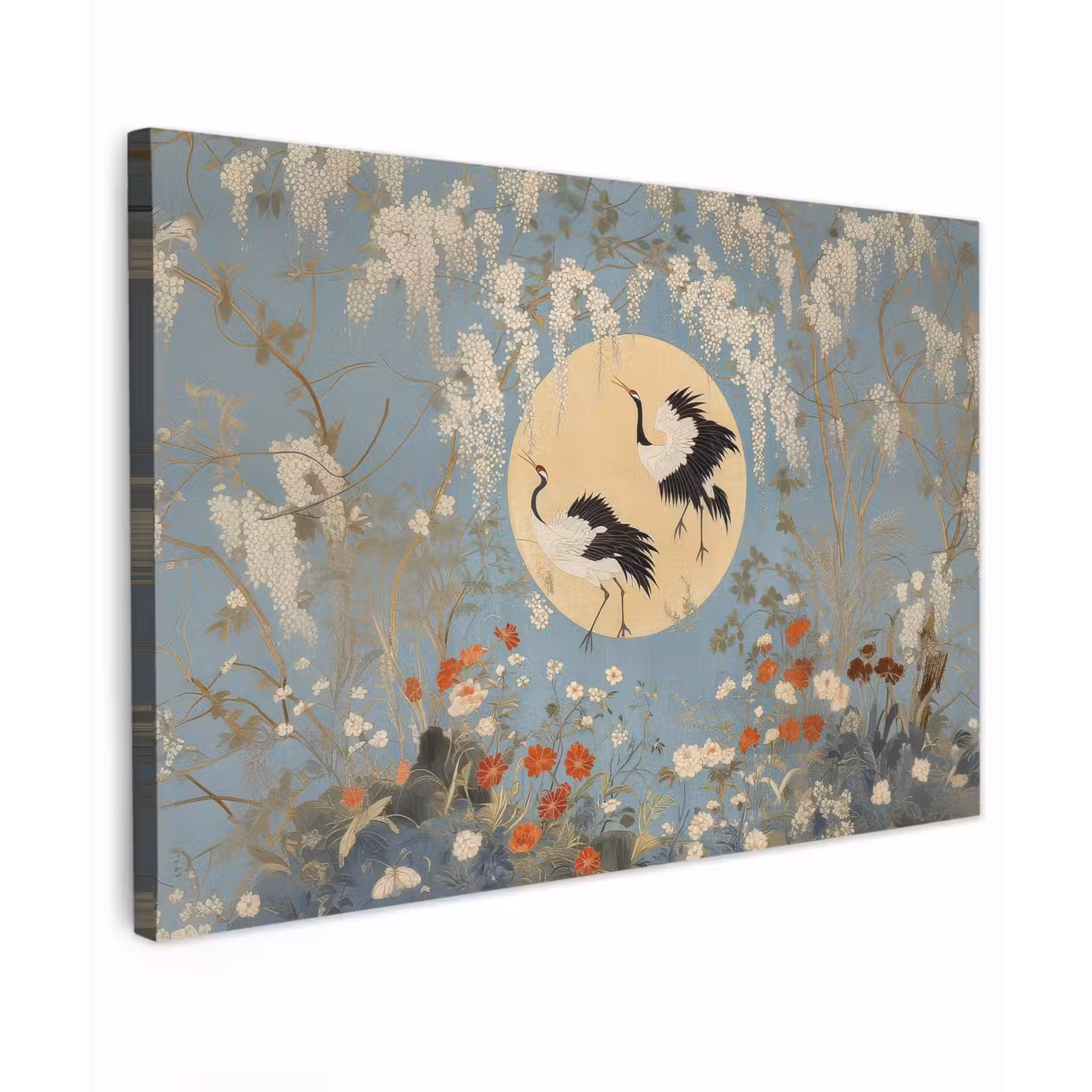 Canvas schilderij - Kraanvogels - Maan - Bloemen - Blauw — 1