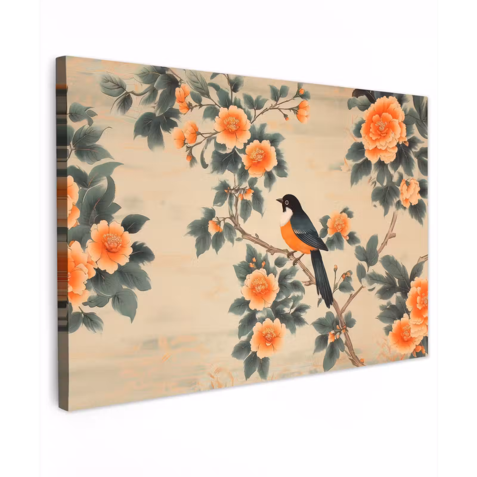 Canvas schilderij - Vogel - Tak - Bloemen - Oranje — 1