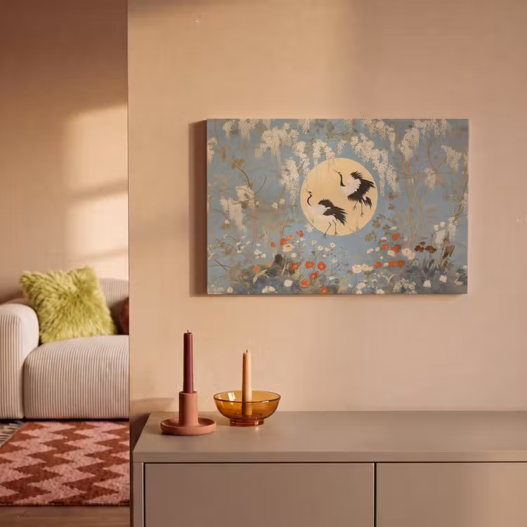 Canvas schilderij - Kraanvogels - Maan - Bloemen - Blauw — 2