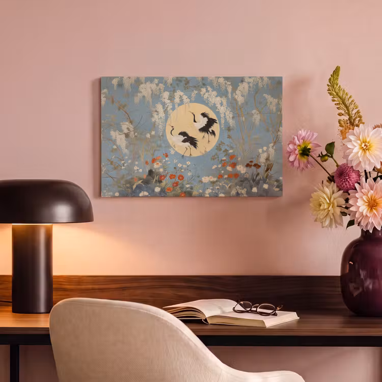 Canvas schilderij - Kraanvogels - Maan - Bloemen - Blauw — 6