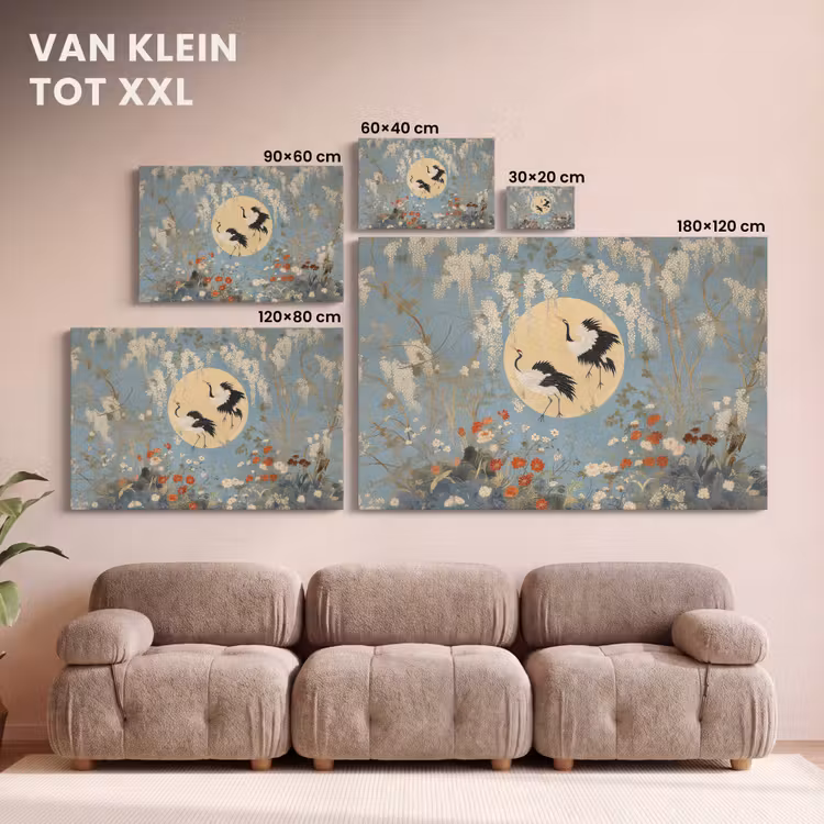 Canvas schilderij - Kraanvogels - Maan - Bloemen - Blauw — 7