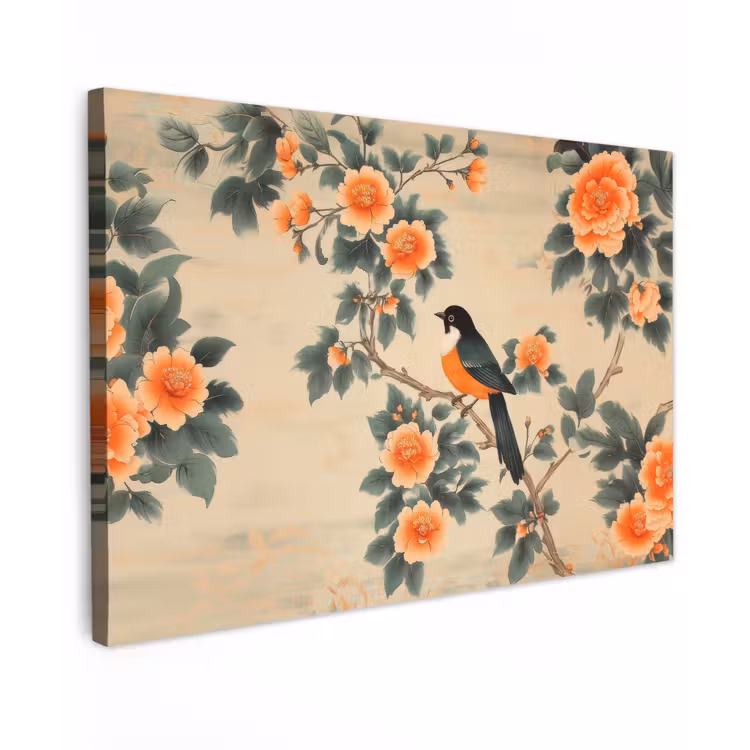 Canvas schilderij - Vogel - Tak - Bloemen - Oranje — 1