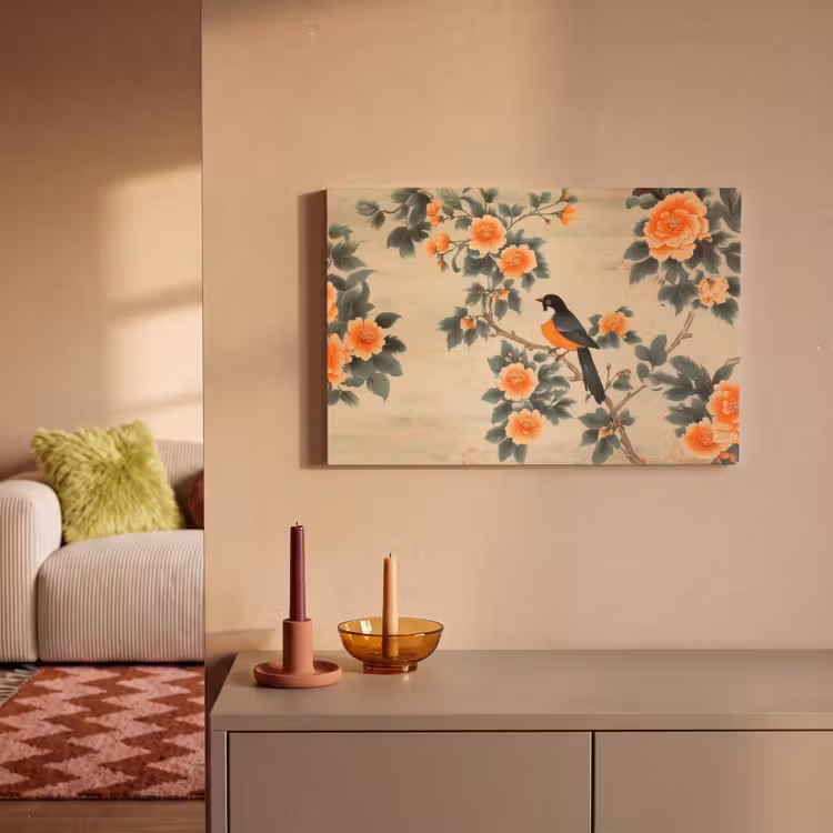 Canvas schilderij - Vogel - Tak - Bloemen - Oranje — 2