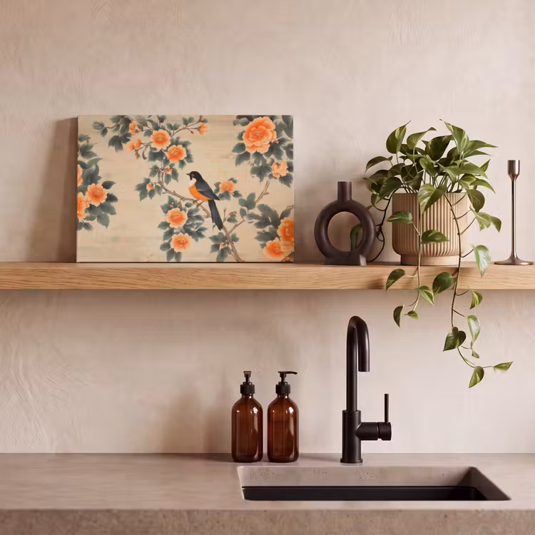 Canvas schilderij - Vogel - Tak - Bloemen - Oranje — 4