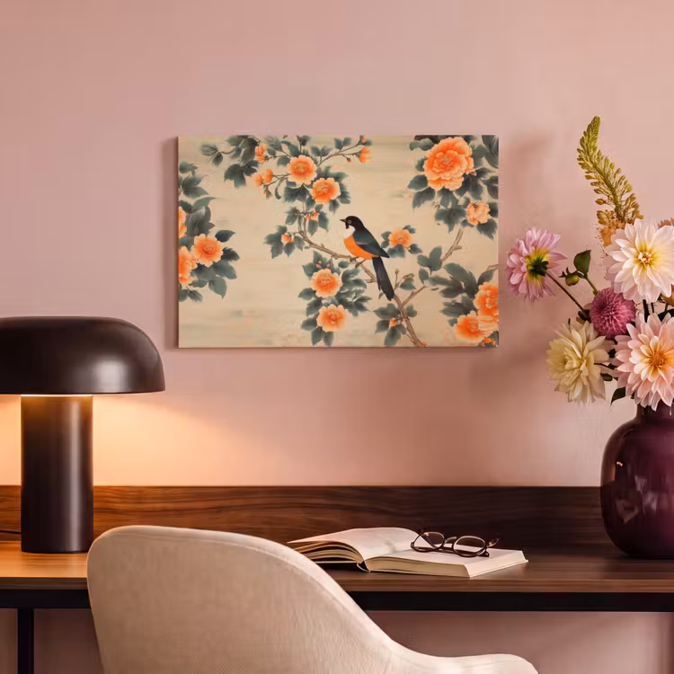 Canvas schilderij - Vogel - Tak - Bloemen - Oranje — 6