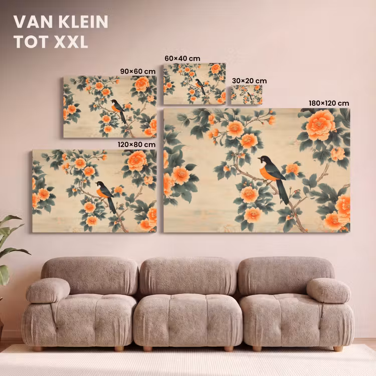 Canvas schilderij - Vogel - Tak - Bloemen - Oranje — 7