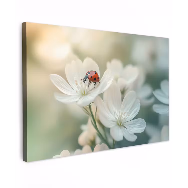 Canvas schilderij - Lieveheersbeestje - Bloemen - Wit — 1