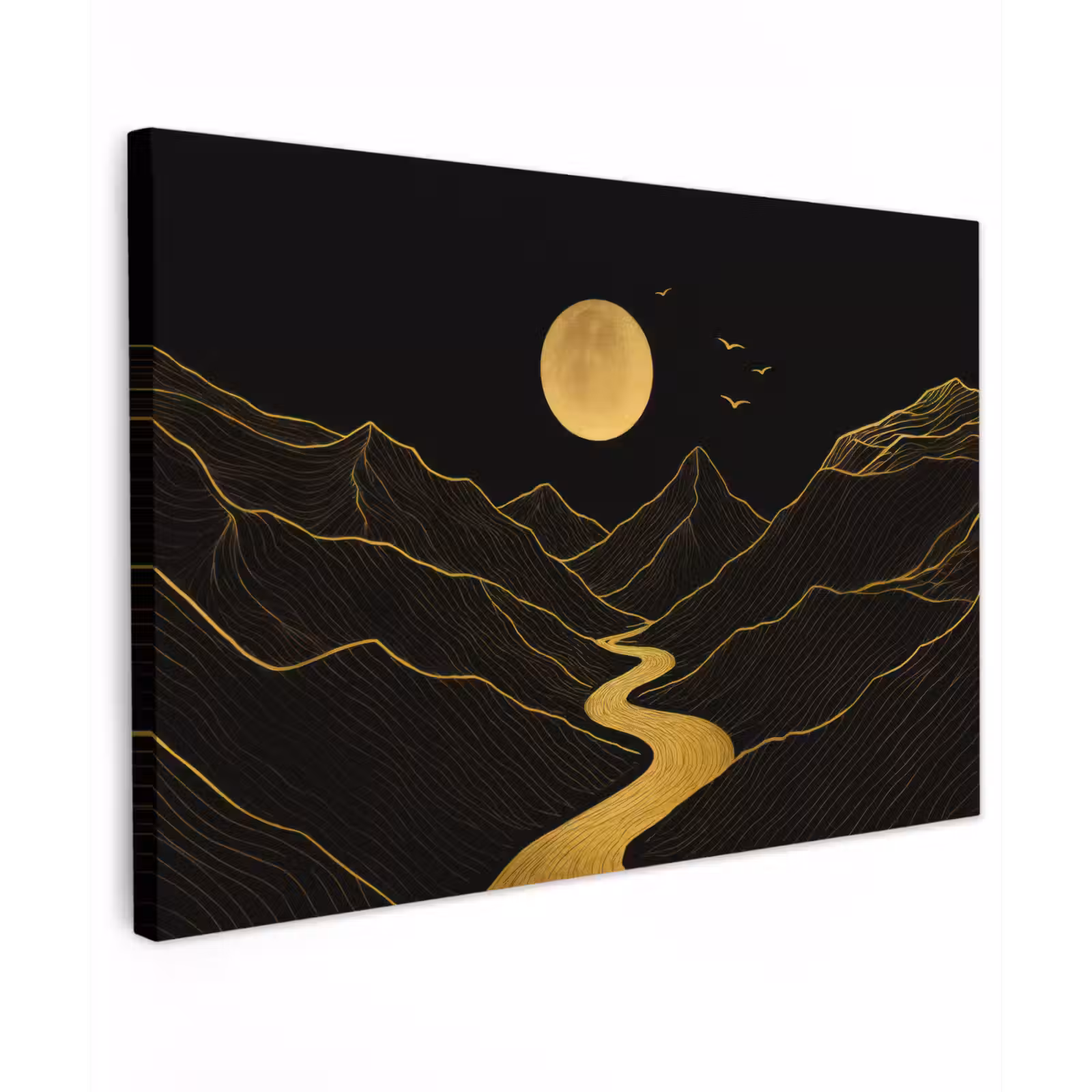 Canvas schilderij - Rivier - Goud - Maan - Vogels — 1