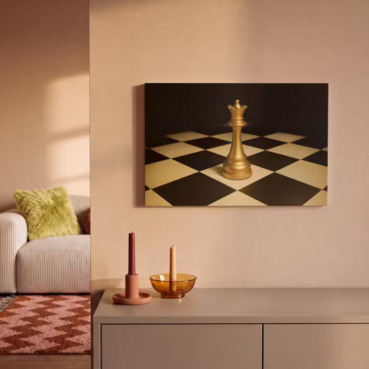 Canvas schilderij - Koningin - Schaakstuk - Geblokt - Goud — 2