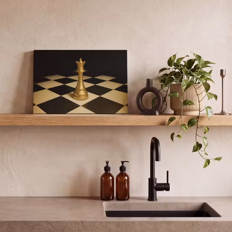 Canvas schilderij - Koningin - Schaakstuk - Geblokt - Goud — 4