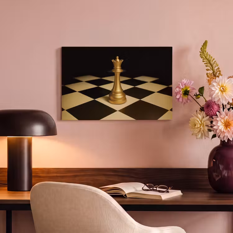 Canvas schilderij - Koningin - Schaakstuk - Geblokt - Goud — 6